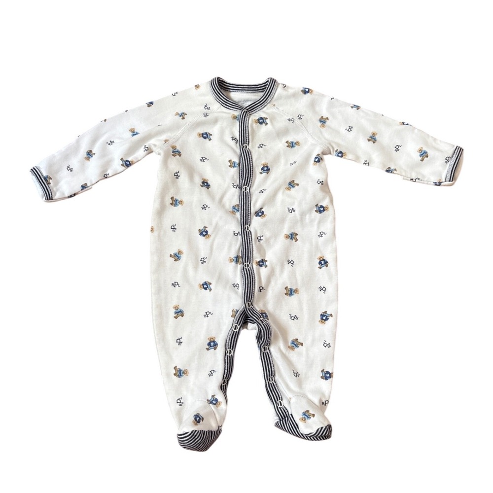 Ralph Lauren Footed Coverall Boys White Polo Bear Sporty Print SIZE 3M